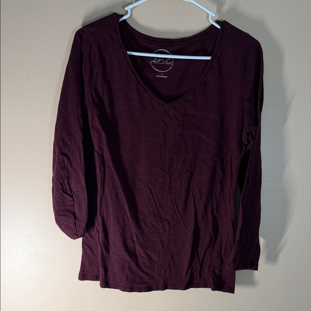 INC International Concepts Long Sleeve V-Neck Top in Burgundy
